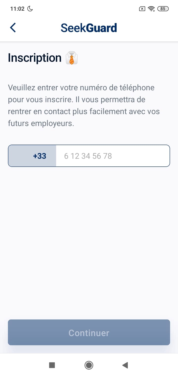 Rentrer son numero de telephone à l'inscription seekguard